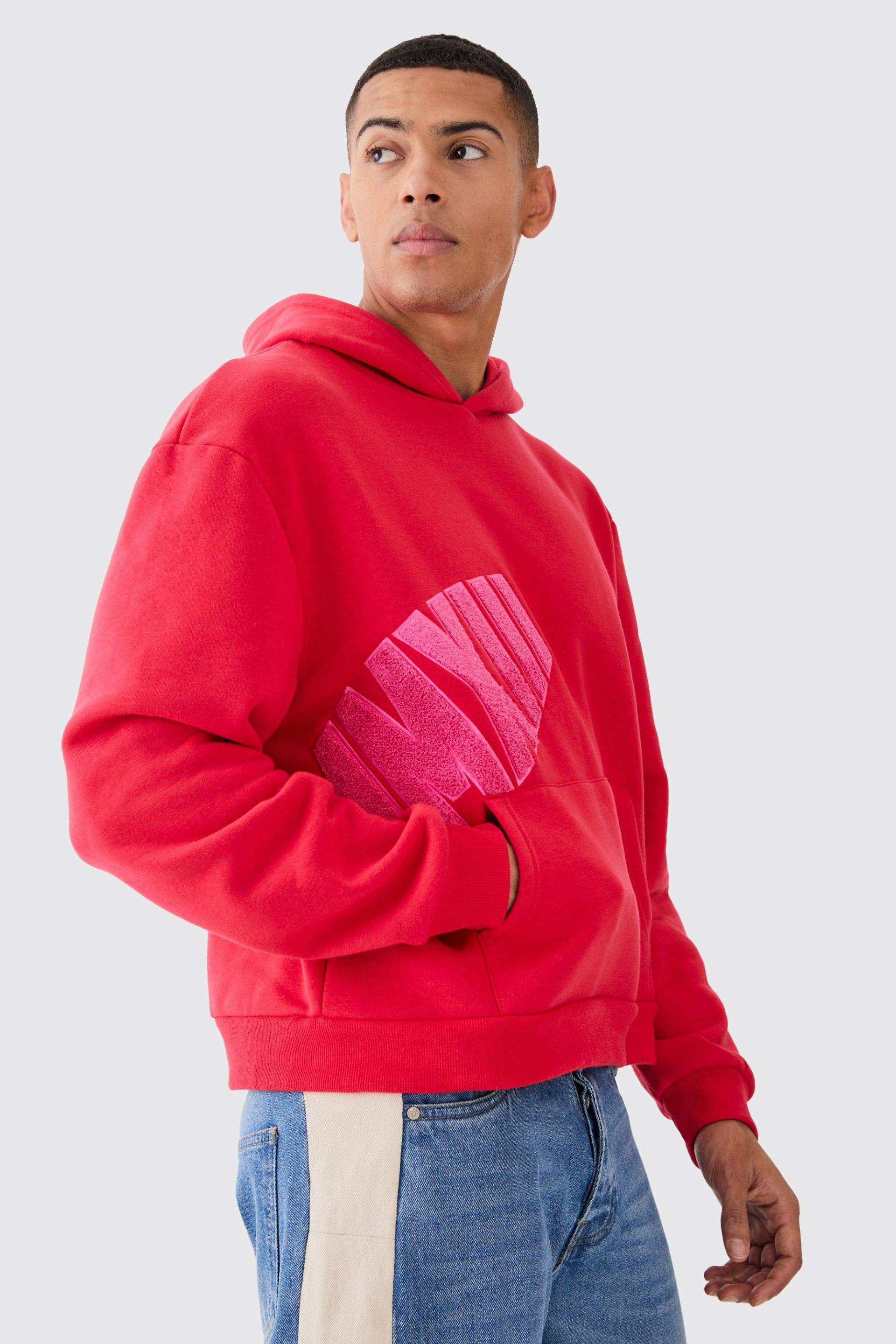 Mens Oversized Boxy Borg Applique Hoodie - Rot - S, Rot von boohooman