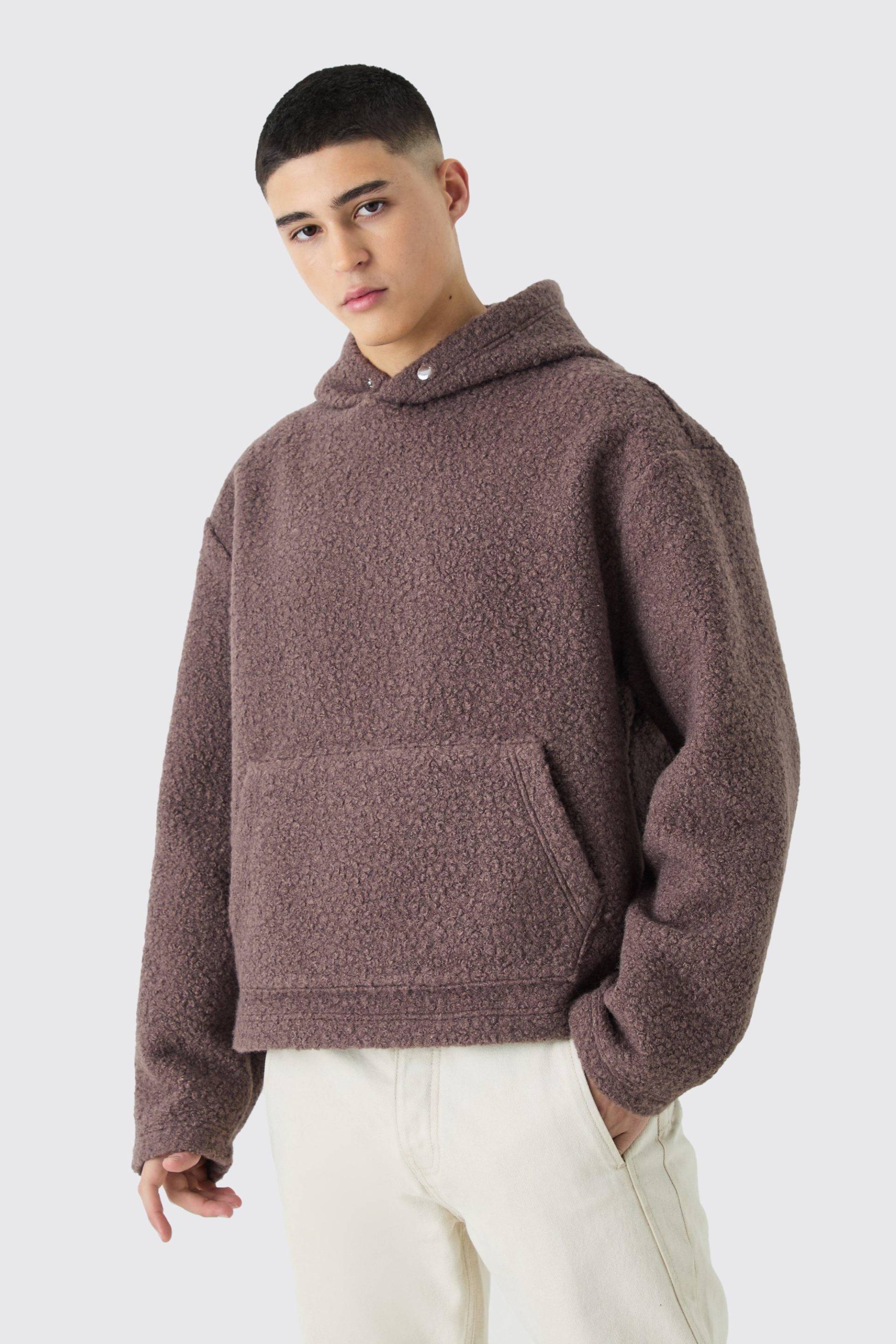 Mens Oversized Boxy Boucle Borg Hoodie - Braun - M, Braun von boohooman