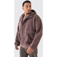 Mens Oversized Boxy Boucle Borg Zip Thru Cargo Hoodie - Braun - M, Braun von boohooman