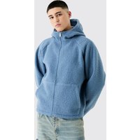 Mens Oversized Boxy Boucle Borg Zip Thru Hoodie - Blau - L, Blau von boohooman