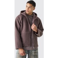 Mens Oversized Boxy Boucle Borg Zip Thru Hoodie - Braun - M, Braun von boohooman