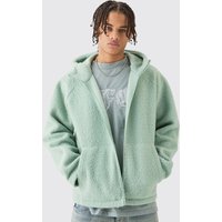 Mens Oversized Boxy Boucle Borg Zip Thru Hoodie - Grün - M, Grün von boohooman