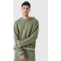 Mens Oversized Boxy Brushed Contrast Stitch Knit Hoodie - Khaki - S, Khaki von boohooman