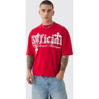 Kastiges zerrissenes Oversize T-Shirt mit Kreuz-Applikation - Rot - S, Rot von boohooman