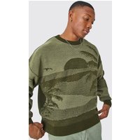 Mens Kastiger Oversize Pullover mit Print - Khaki - M, Khaki von boohooman