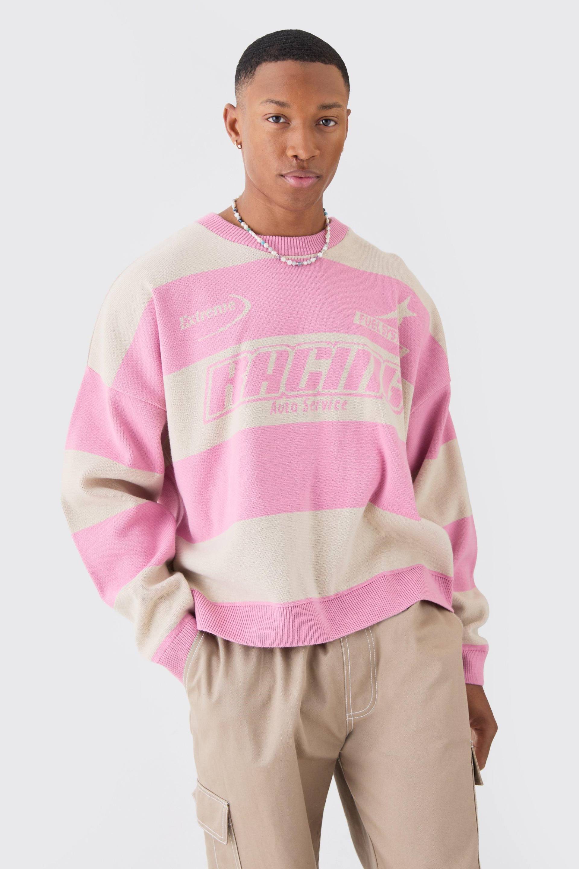 Mens Oversized Boxy Drop Shoulder Moto Knit Jumper - Rosa - M, Rosa von boohooman