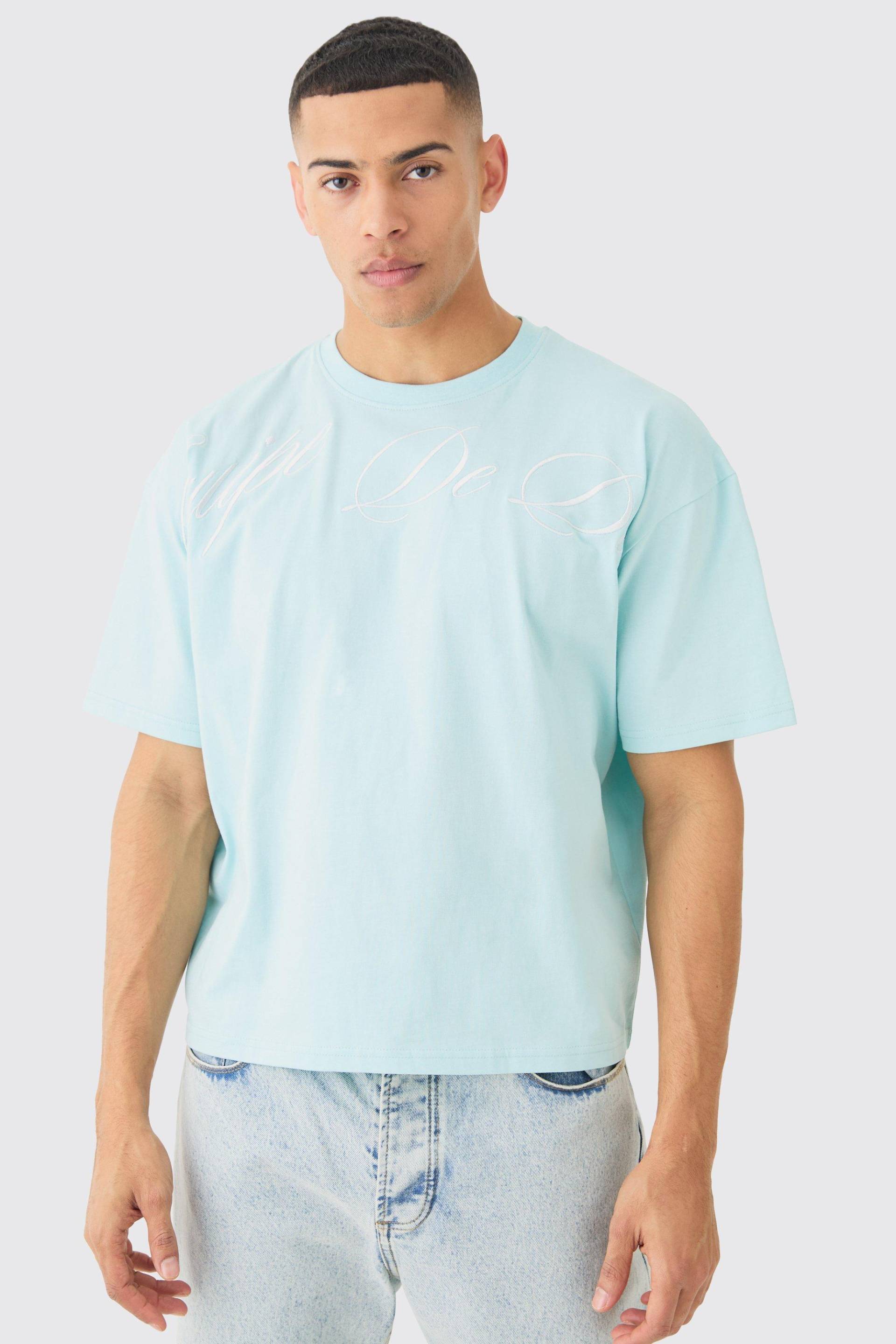 Mens Oversized Boxy Embroided T-shirt - Blau - L, Blau von boohooman