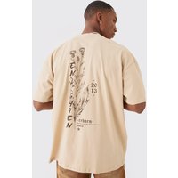 Mens Oversized Boxy Extended Neck Enlighten Printed T-shirt - Beige - M, Beige von boohooman