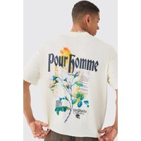 Mens Oversized Boxy Extended Neck Floral Print Wash T-shirt - Ecru - S, Ecru von boohooman