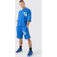 Mens Oversized Boxy Half Sleeve Ptint T-shirt & Short Set - Grau - XL, Grau von boohooman