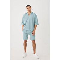 Mens Oversized Boxy Half Sleeve V Neck Polo And Short Set - Blau - M, Blau von boohooman