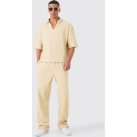 Kastiges Oversize Poloshirt mit V-Ausschnitt und Hose - Grau - M, Grau von boohooman