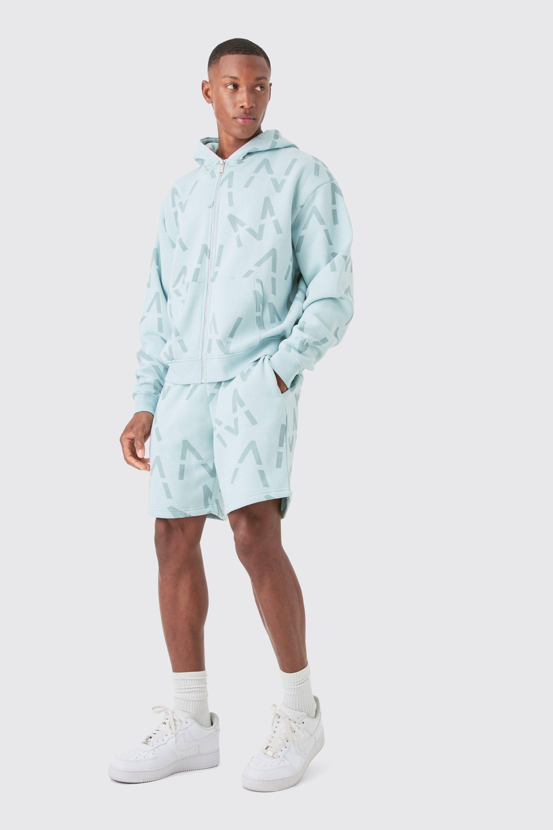 Mens Oversized Boxy Man All Over Print Zip Hoodie Short Tracksuit - Blau - S, Blau von boohooman