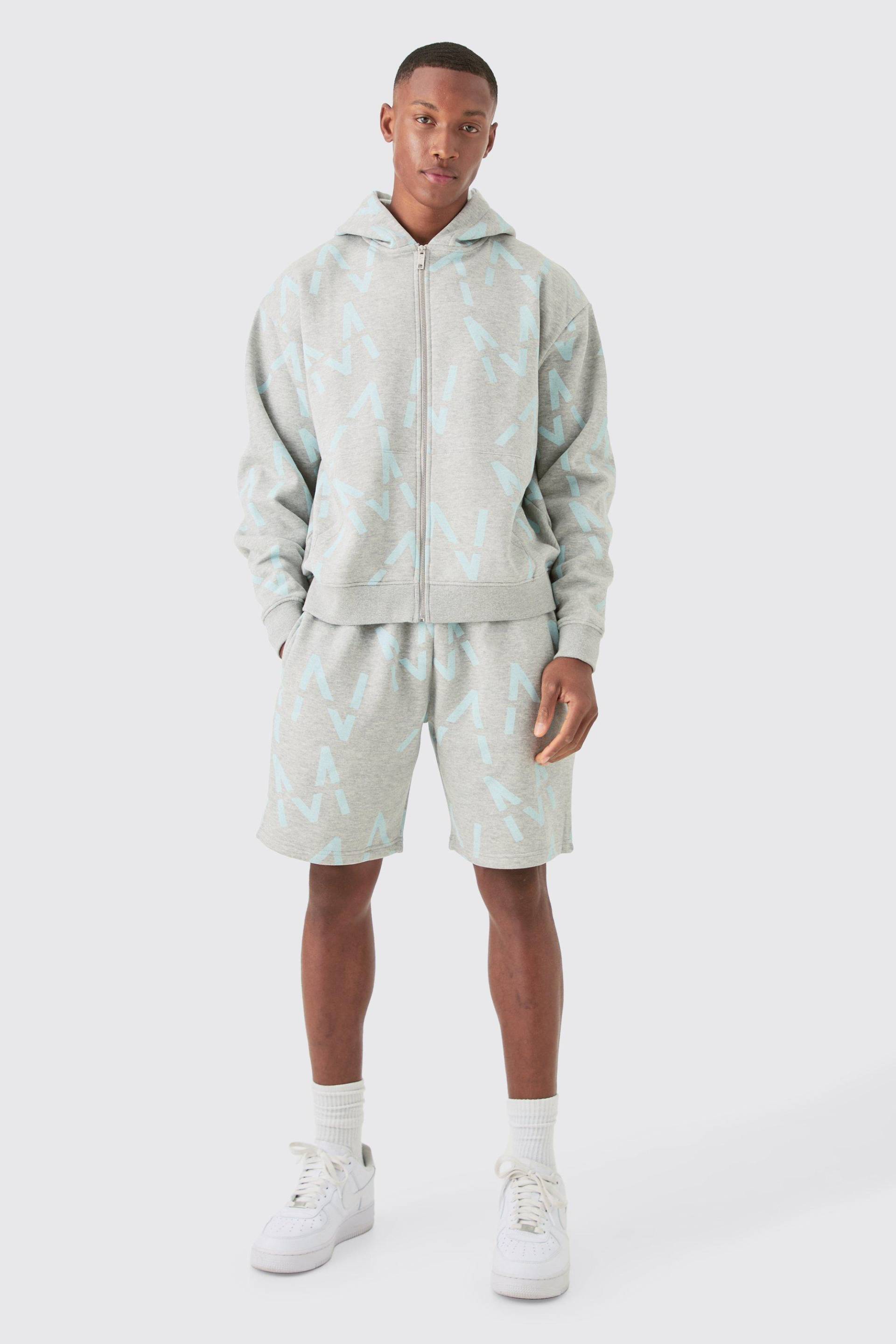 Mens Oversized Boxy Man All Over Print Zip Hoodie Short Tracksuit - Grau - S, Grau von boohooman