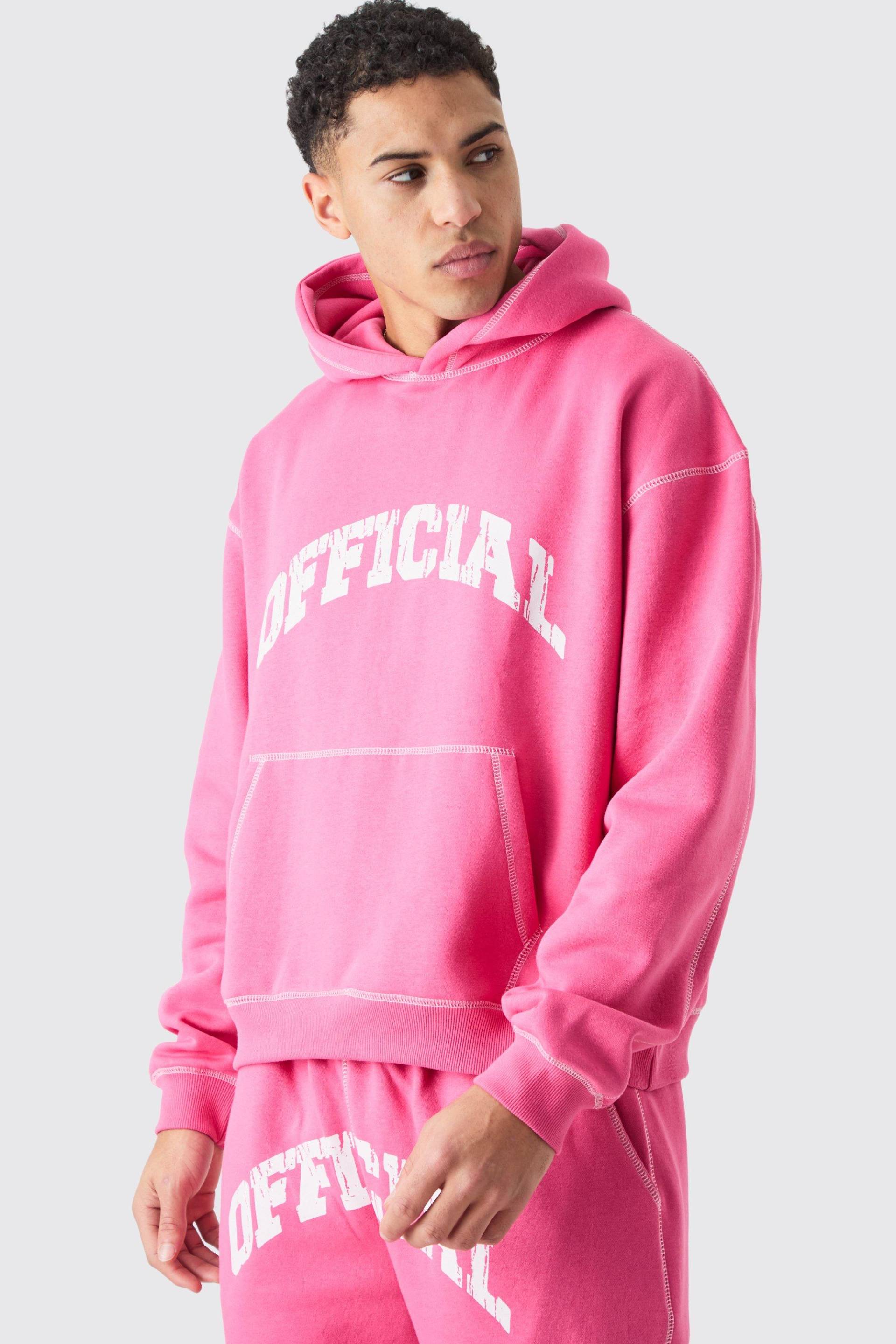 Mens Oversized Boxy Official Contrast Stitch Hoodie - Rosa - S, Rosa von boohooman