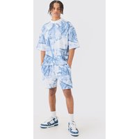 Mens Oversized Boxy Printed Denim Waffle T-shirt & Shorts - Blau - XL, Blau von boohooman