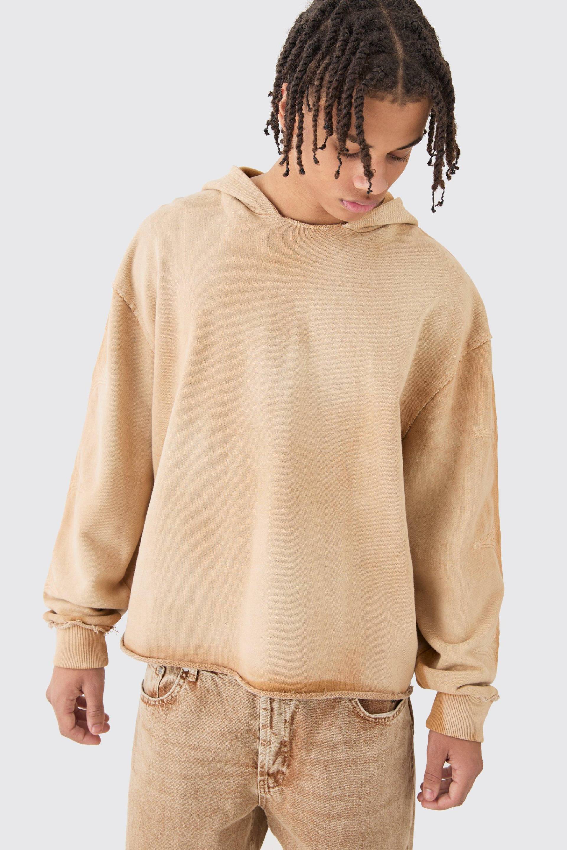 Mens Oversized Boxy Raw Hem Overdye Quilted Hoodie - apricot - M, apricot von boohooman