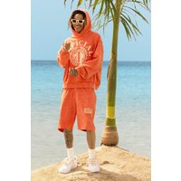 Mens Oversized Boxy Reverse Loopback Printed Hoodie Short Tracksuit - Orange - S, Orange von boohooman