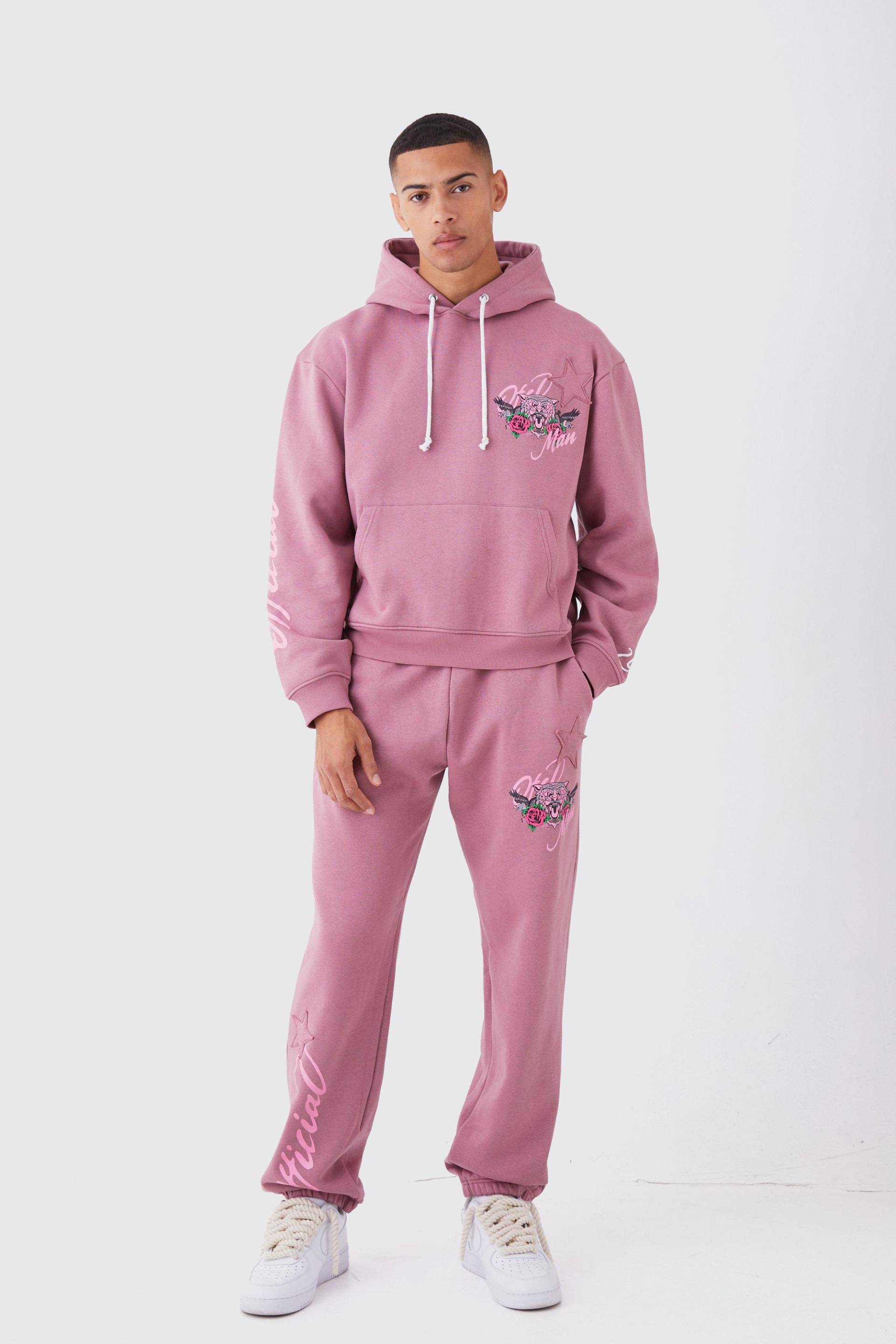 Mens Oversized Boxy Tiger Print Tracksuit - Rosa - S, Rosa von boohooman