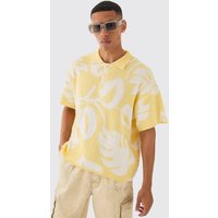 Mens Oversized Boxy Tonal Jacquard Floral Knit Polo - Gelb - L, Gelb von boohooman