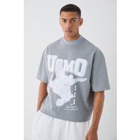 Mens Oversized Boxy Tonal Printed Heavyweight T-shirt - Grau - XS, Grau von boohooman