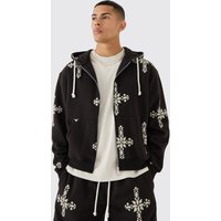 Mens Oversized Boxy Zip Through Cross Printed Hoodie - Schwarz - L, Schwarz von boohooman