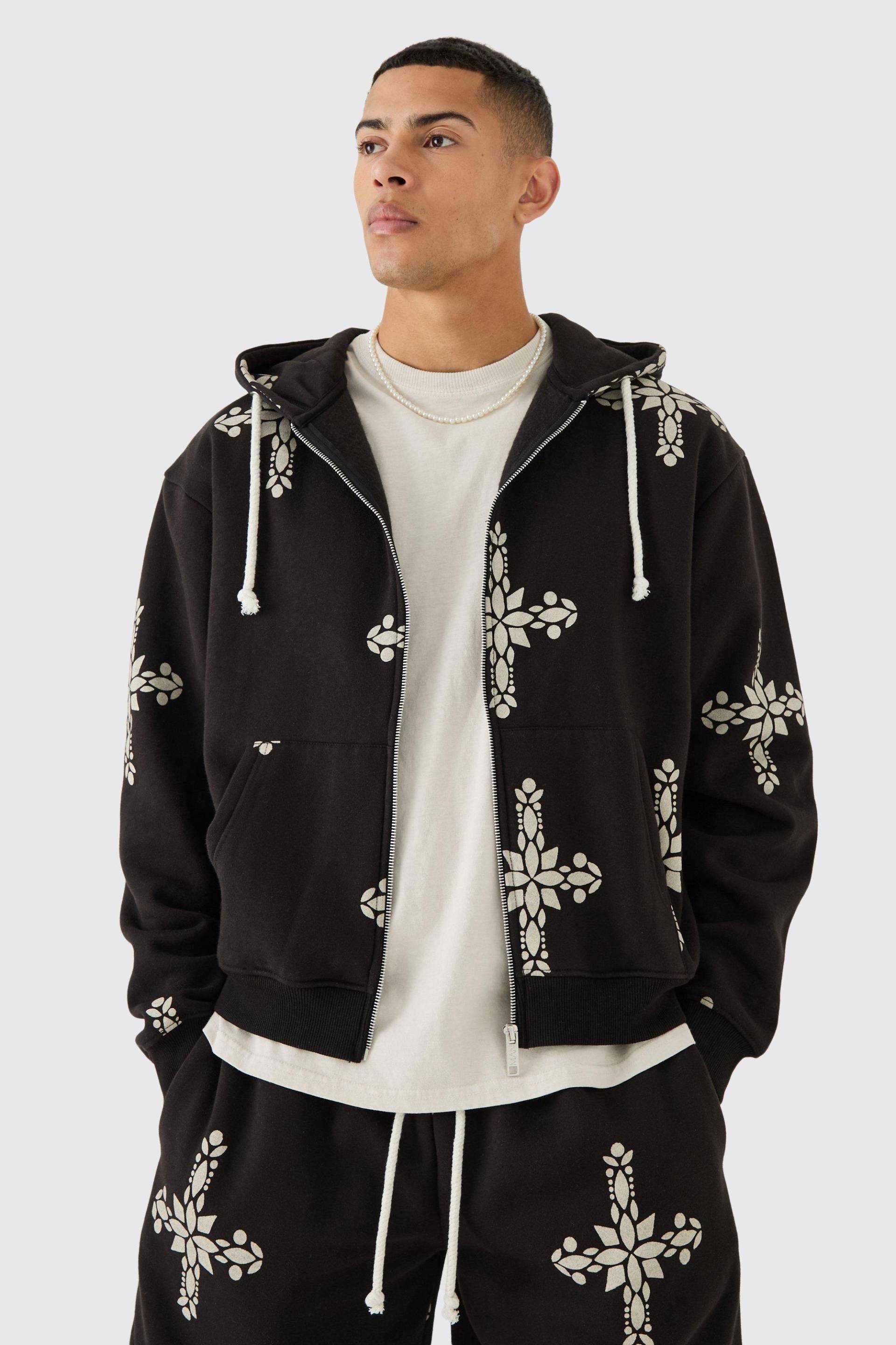 Mens Oversized Boxy Zip Through Cross Printed Hoodie - Schwarz - XS, Schwarz von boohooman