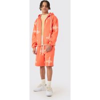 Mens Oversized Boxy Zip Through Cross Printed Hoodie & Shorts - Orange - XS, Orange von boohooman