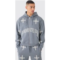 Mens Oversized Boxy Zip Through Homme Cross Embroidered Hoodie - Grau - XS, Grau von boohooman