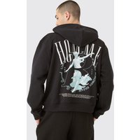 Mens Oversized Boxy Zip Through Homme Flock Print Hoodie - Schwarz - XL, Schwarz von boohooman