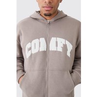 Mens Oversized Boxy Zip Thru Borg Applique Hoodie - Taupe - M, Taupe von boohooman