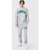 Mens Oversized Bronx Varsity Sweatshirt Tracksuit - Grau - XS, Grau von boohooman