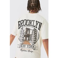 Mens Oversized Brooklyn Stencil Washed T-shirt - Ecru - S, Ecru von boohooman