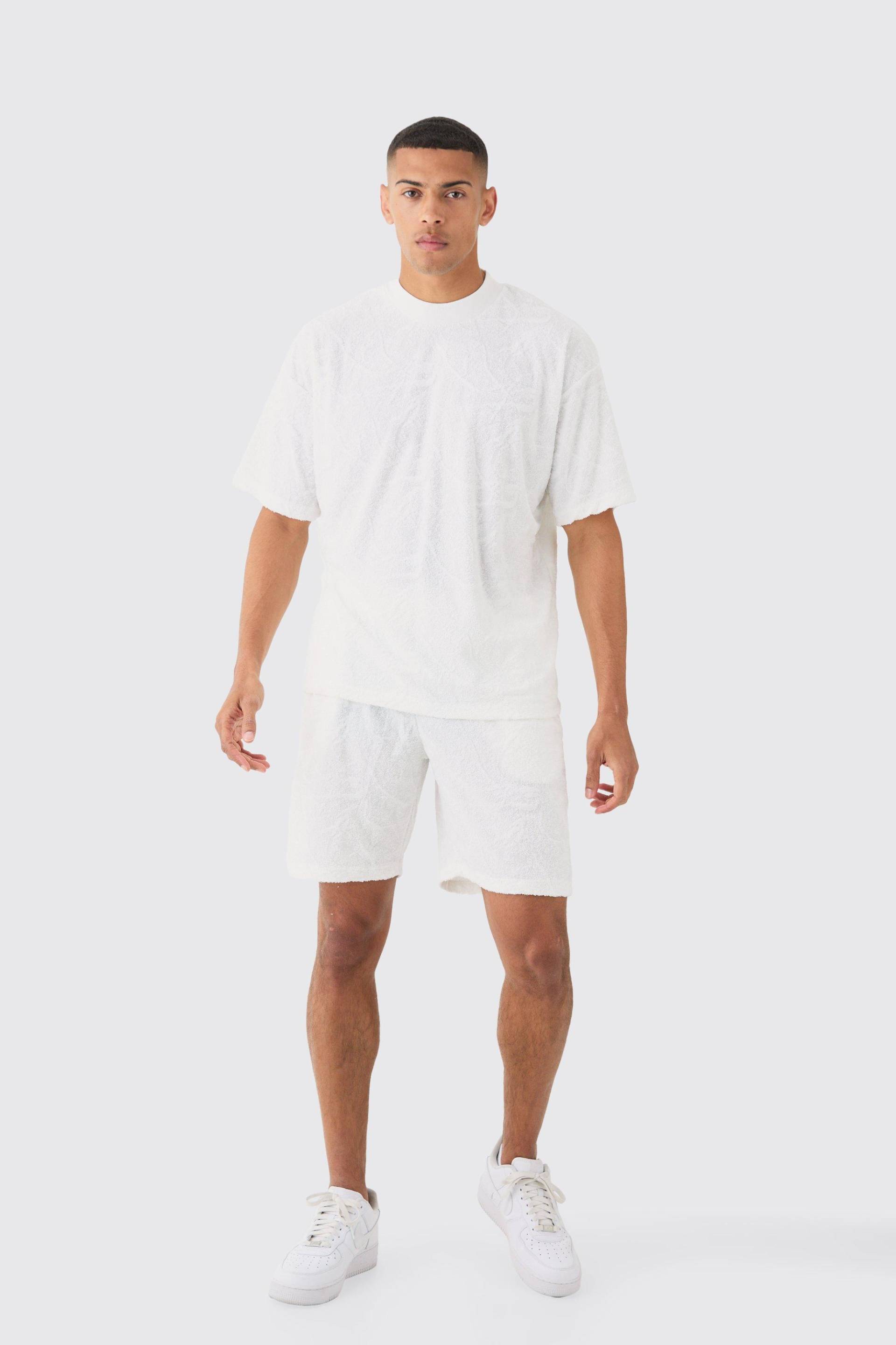 Mens Oversized Burnout Towelling Jacquard T-shirt & Short Set - Weiß - S, Weiß von boohooman