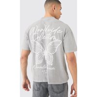 Mens Oversized Butterfly Graphic Washed T-shirt - Grau - XS, Grau von boohooman