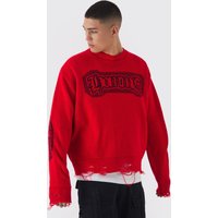 Zerrissener Oversize Rundhals Homme Pullover - Rot - L, Rot von boohooman