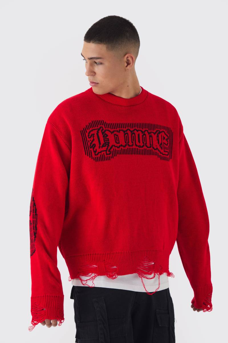 Zerrissener Oversize Rundhals Homme Pullover - Rot - L, Rot von boohooman
