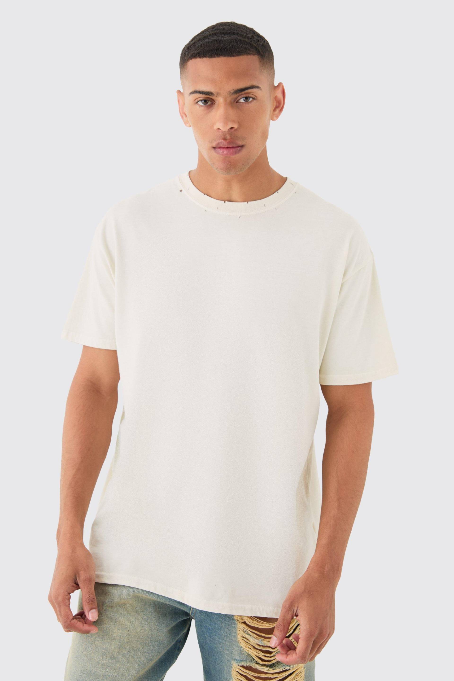 Mens Oversized Distressed Wash T-shirt - Ecru - L, Ecru von boohooman