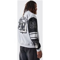 Mens Oversized Embroidered Harrington Jersey Bomber Jacket - Grau - XL, Grau von boohooman