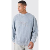 Mens Oversized Extended Neck Acid Wash Embroidered Man Sweatshirt - Grau - XS, Grau von boohooman