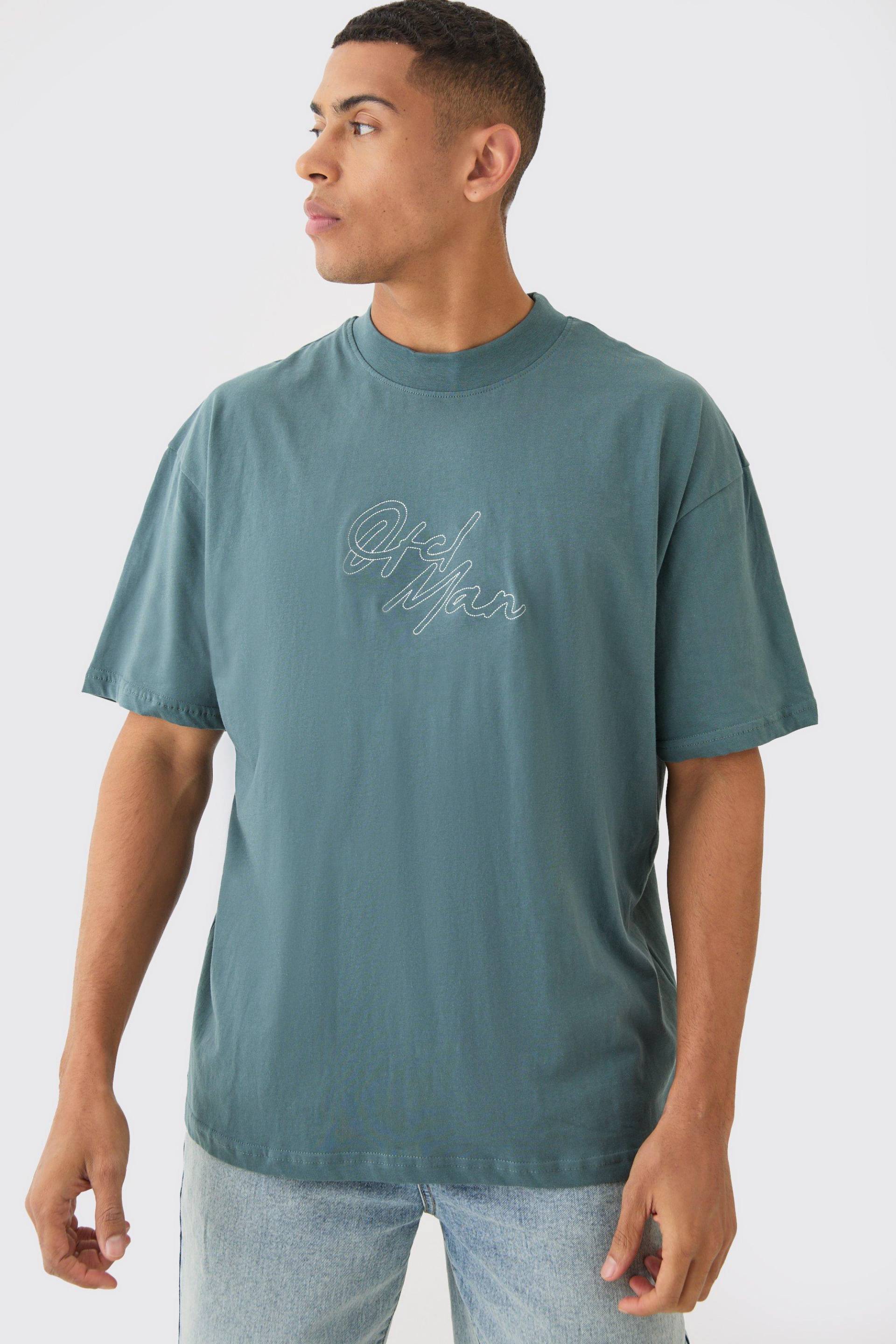 Mens Oversized Extended Neck Chain Stitch Embroidered Man T-shirt - Blau - XS, Blau von boohooman