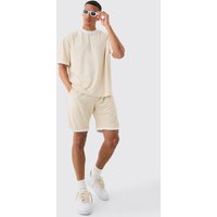 Mens Oversized Extended Neck Contrast Towelling T-shirt & Shorts - Beige - S, Beige von boohooman