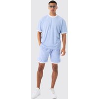 Mens Oversized Extended Neck Contrast Towelling T-shirt & Shorts - Blau - M, Blau von boohooman