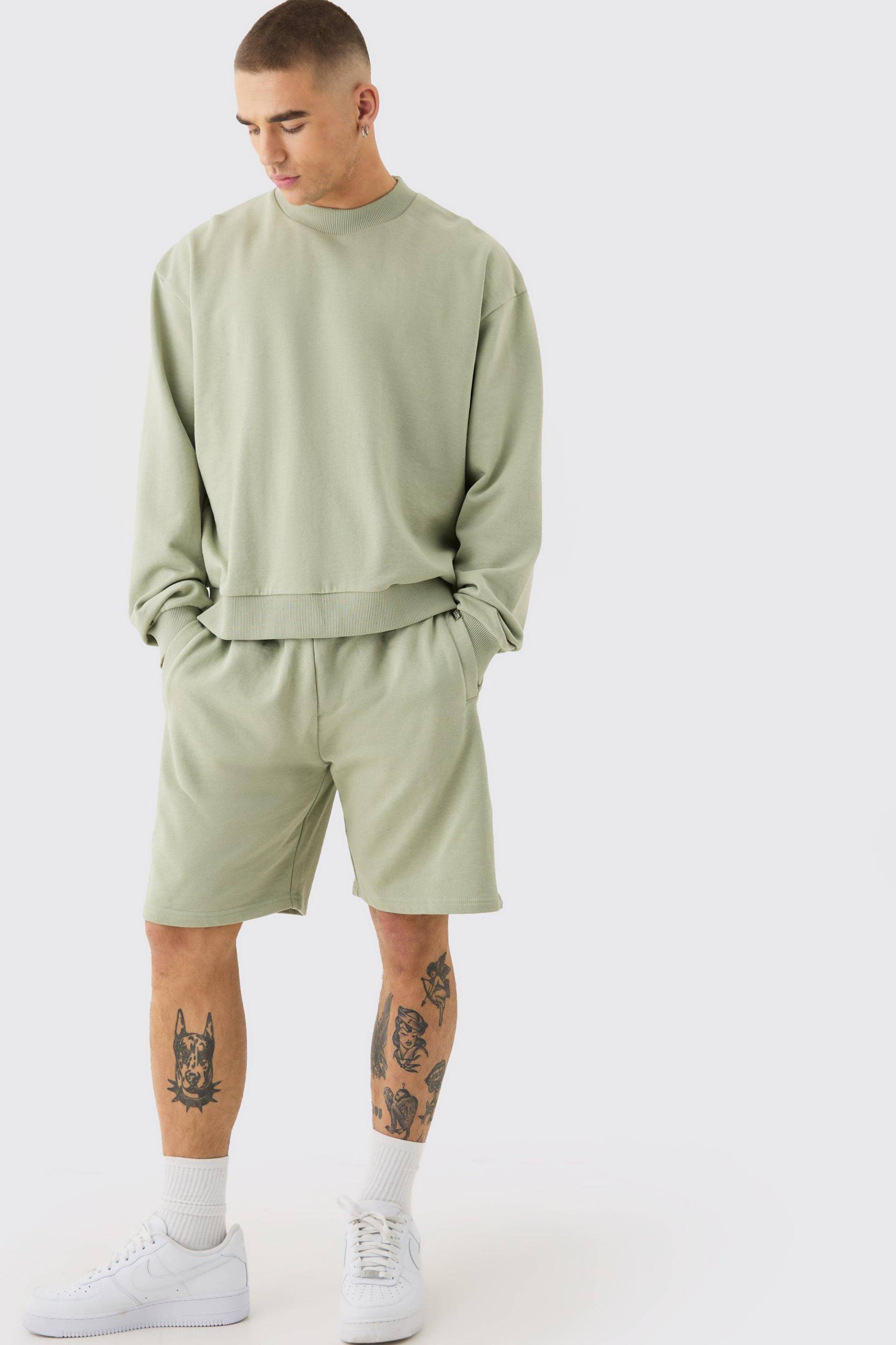 Mens Oversized Extended Neck Heavy Sweatshirt Short Tracksuit - Grün - L, Grün von boohooman