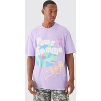 Mens Oversized Extended Neck Puff Print Space Wash T-shirt - Lila - L, Lila von boohooman
