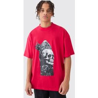 Mens Oversized Extended Neck Skull T-shirt - Rot - L, Rot von boohooman