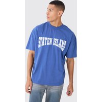 Mens Oversized Extended Neck Staten Island T-shirt - Blau - S, Blau von boohooman