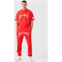 Mens Oversized Extended Neck Universal Graphic T-shirt And Jogger - Rot - L, Rot von boohooman