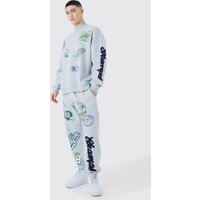 Mens Oversized Extended Neck Varsity Badge Sweatshirt Tracksuit - Grau - L, Grau von boohooman