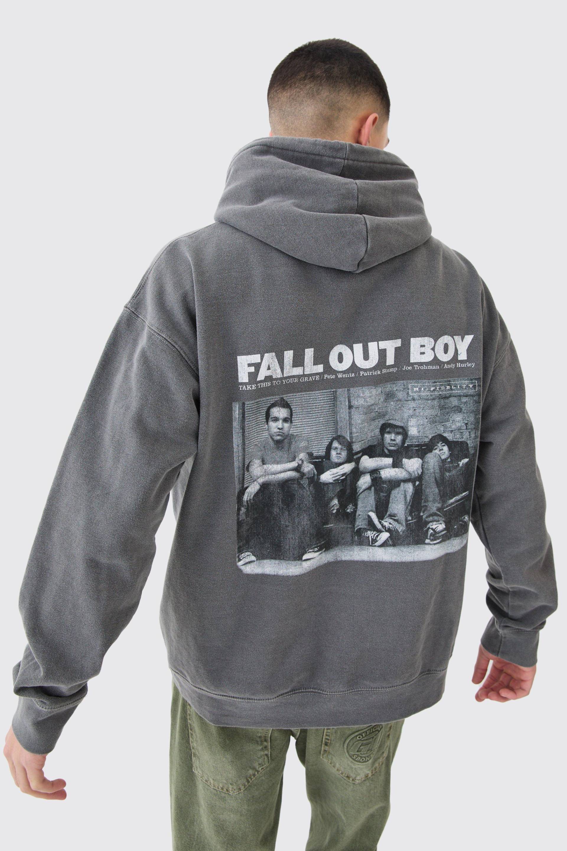 Mens Oversized Fall Out Boy Wash Hoodie - Grau - L, Grau von boohooman